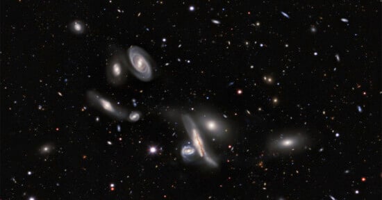A deep-space view showing a dense cluster of various spiral and elliptical galaxies scattered across a dark, star-filled background.