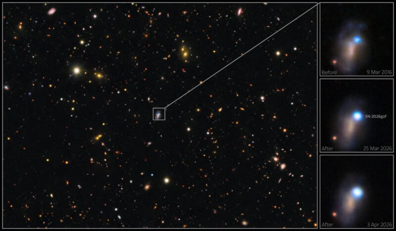A wide-field view of a star-filled galaxy cluster with an inset showing the emergence of a bright supernova, SN 2026gzf, in a distant galaxy.