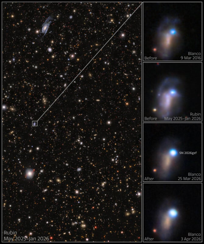 A wide-field view of a star-filled galaxy cluster with an inset showing the emergence of supernova SN 2026gzf in a galaxy.