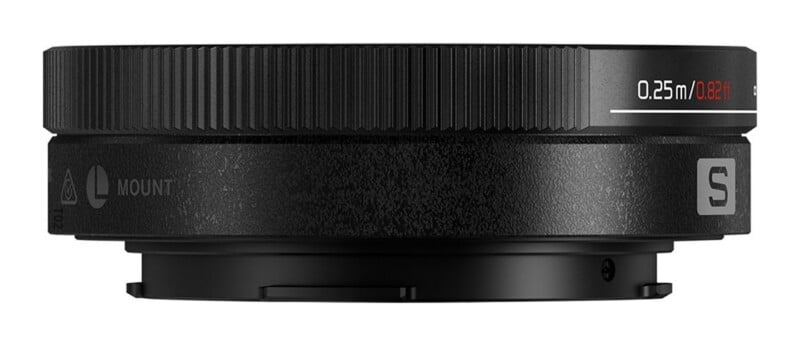 A black L-mount camera lens adapter with a ribbed focus ring, marked with a minimum focus distance of 0.25m/0.82ft and an S logo.