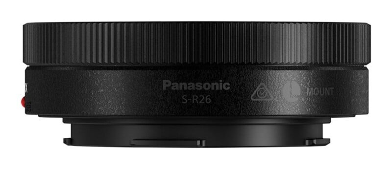 A black Panasonic S-R26 L-Mount lens adapter shown from the side against a white background.