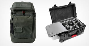 A green Pelican backpack stands next to an open, black Pelican hard-shell rolling case with internal padded dividers holding camera equipment.