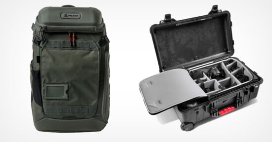 A green Pelican backpack stands next to an open, black Pelican hard-shell rolling case with internal padded dividers holding camera equipment.