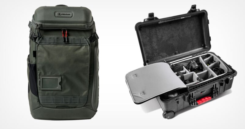 A green Pelican backpack stands next to an open, black Pelican hard-shell rolling case with internal padded dividers holding camera equipment.