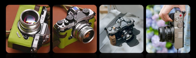 Four panels showing various vintage-style cameras, including two in green leather cases, one with a wooden grip, and one held by a hand.