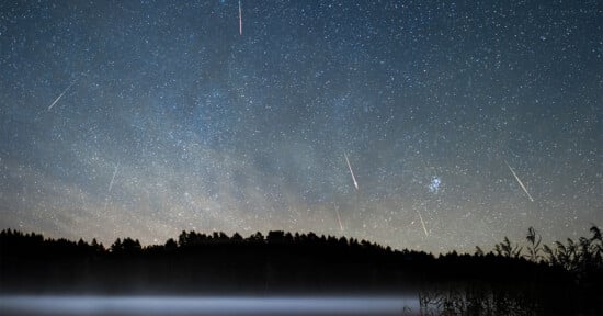 A night sky filled with stars and several bright meteor streaks above a dark, silhouetted forest and a misty lake.