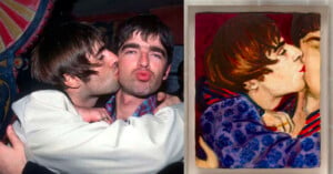 A split-screen comparison showing a photograph of Liam and Noel Gallagher on the left and a painted interpretation on the right.