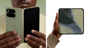 A person holds a green foldable smartphone in a partially open position on the left, and a fully open foldable smartphone displaying an aerial landscape wallpaper on the right.