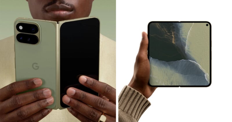 A person holds a green foldable smartphone in a partially open position on the left, and a fully open foldable smartphone displaying an aerial landscape wallpaper on the right.