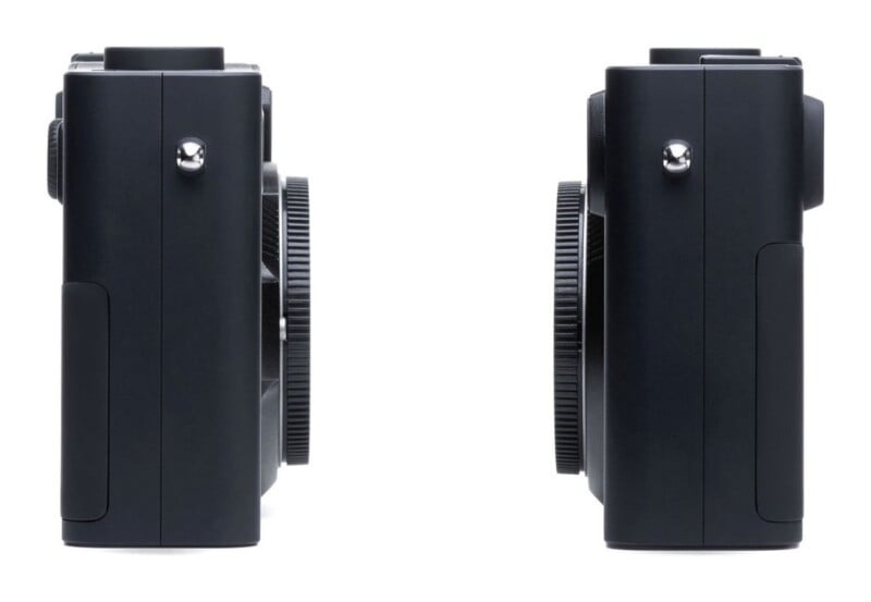 Two black digital cameras are shown in profile, facing each other against a white background.