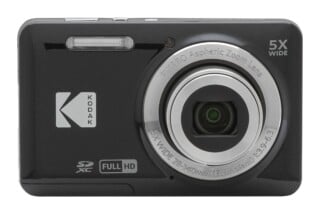A black Kodak Pixpro digital camera is shown from the front, featuring a 5x wide zoom lens, a flash, and SDXC and Full HD logos.