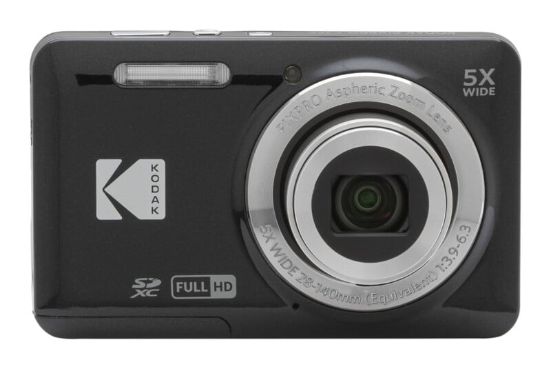 A black Kodak Pixpro digital camera is shown from the front, featuring a 5x wide zoom lens, a flash, and SDXC and Full HD logos.