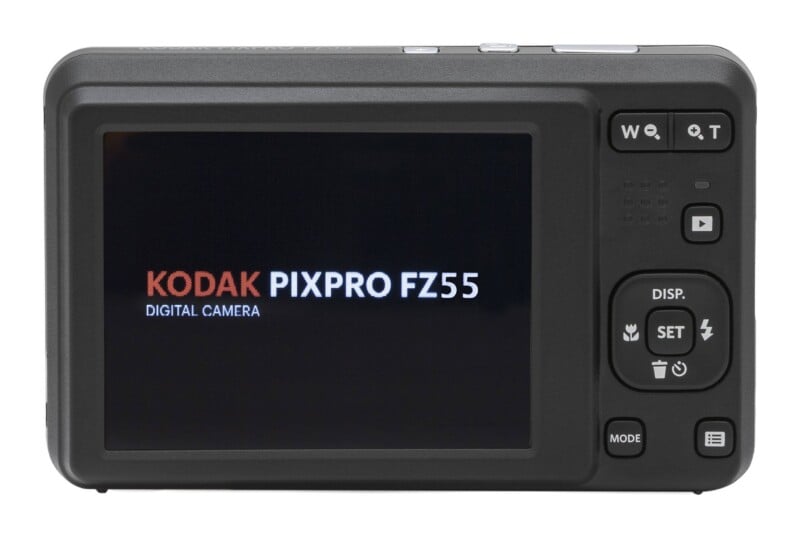 The back of a black Kodak Pixpro FZ55 digital camera, showing the LCD screen displaying the brand name and model, with control buttons on the right side.