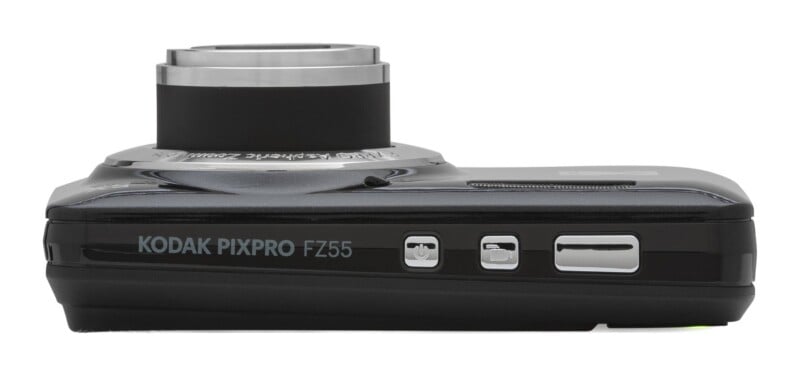 Top view of a black Kodak Pixpro FZ55 digital camera, showing the lens barrel, power button, video recording button, and shutter release button.