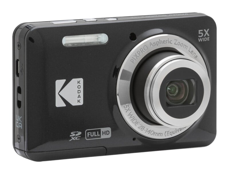 A black Kodak Pixpro digital camera with a silver lens, flash, and SDXC and Full HD logos on the front.