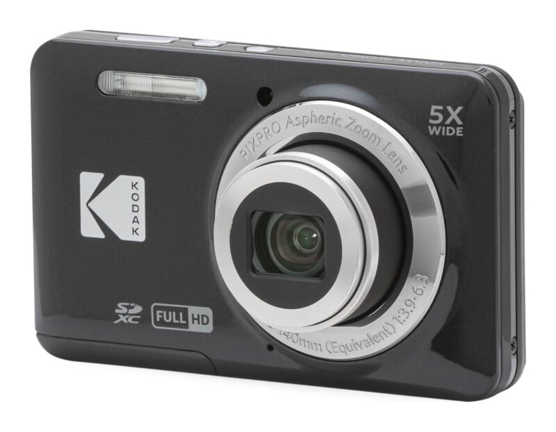 A black Kodak Pixpro digital camera with a silver lens, flash, and SDXC and Full HD logos, viewed from the front-left angle.
