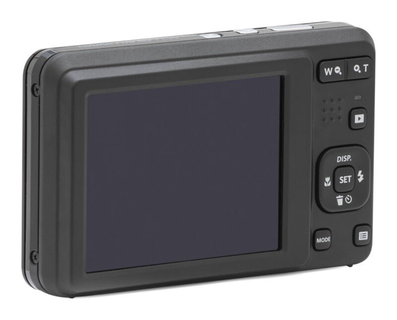 The back of a black digital camera featuring a large LCD screen, a directional control pad with a center set button, and various function buttons for zoom, playback, mode, and menu settings.