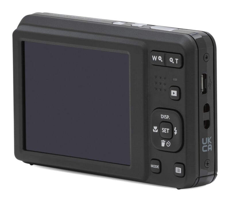 A black digital camera viewed from the back, showing the LCD screen, control buttons, and a side port, isolated on a white background.