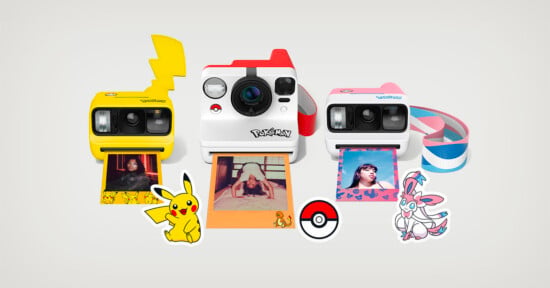 Three Pokémon-themed instant cameras are arranged on a light gray background, accompanied by a Pikachu sticker, a Poké Ball sticker, and a Sylveon sticker.