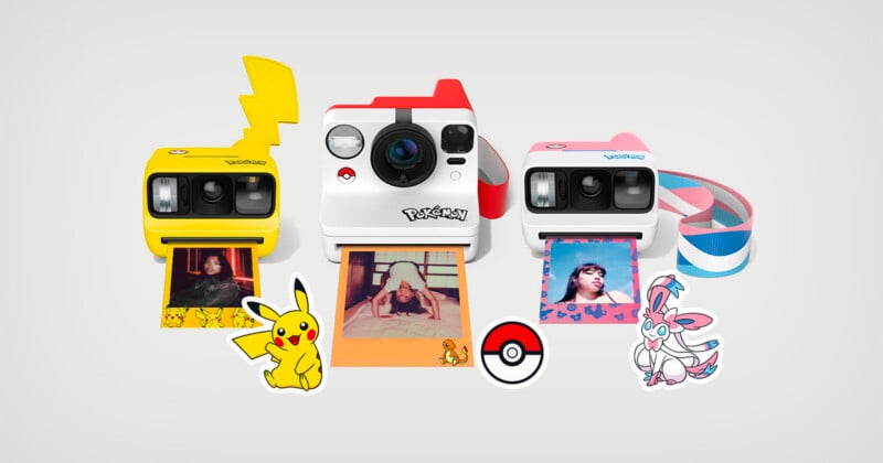 Three Pokémon-themed instant cameras are arranged on a light gray background, accompanied by a Pikachu sticker, a Poké Ball sticker, and a Sylveon sticker.