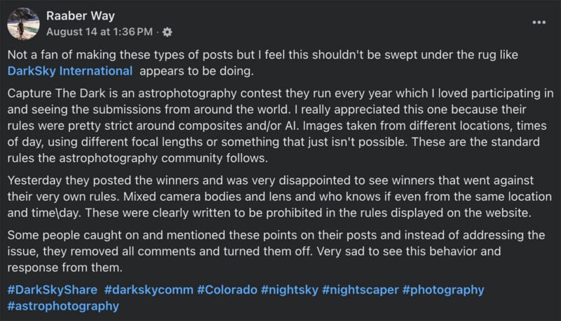 A social media post by Raaber Way criticizing DarkSky International for allegedly violating their own contest rules.