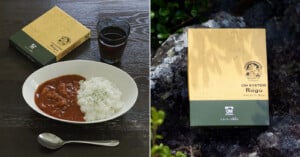 A split image shows a bowl of beef ragu with rice and a drink on a dark table next to a box of OM SYSTEM Ragù, and a close-up of the same product box resting on a rock.