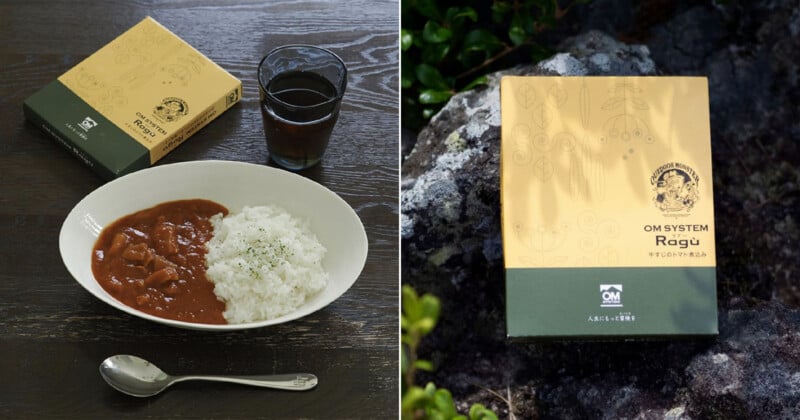 A split image shows a bowl of beef ragu with rice and a drink on a dark table next to a box of OM SYSTEM Ragù, and a close-up of the same product box resting on a rock.