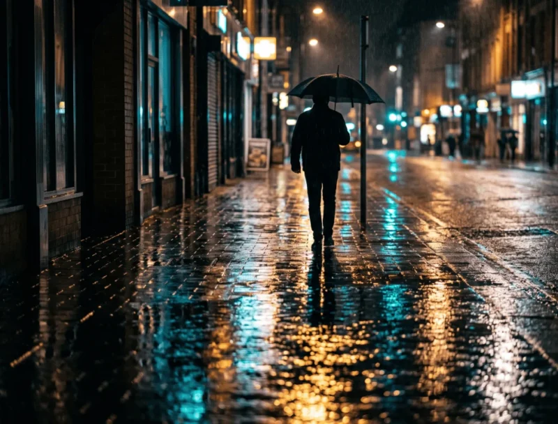 A person walks away down a wet, rain-slicked city street at night under an umbrella, illuminated by streetlights and shop signs.
