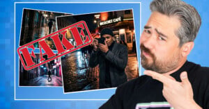 A man with a beard and graying hair points toward a collage of three street photography images overlaid with a large red "FAKE" stamp.