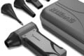 A Sabrent BLOWzer X6 electric duster with four interchangeable nozzles and a matching gray carrying case.