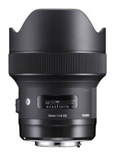 A black Sigma 14mm 1:1.8 DG camera lens with a focus distance scale and aperture markings on its barrel.