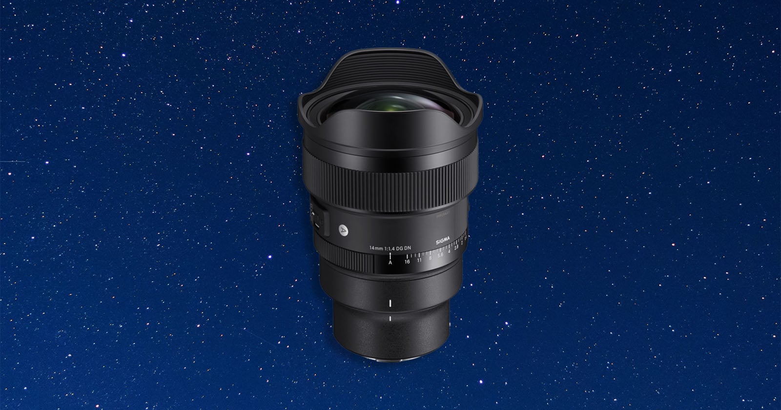 A black Sigma 14mm 1:1.4 DG DN camera lens centered against a dark blue background filled with white stars.