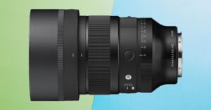 A black Sigma 85mm 1:1.2 DG lens is shown against a split green and blue background.