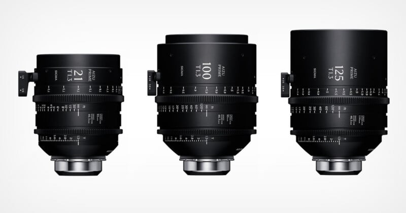 Three black cinema lenses of varying sizes, labeled 21, 100, and 125, are arranged side-by-side against a white background.