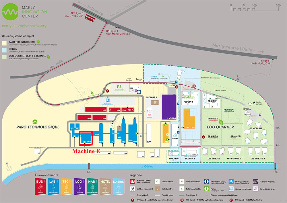 A map of the Marly Innovation Center showing the layout of the technology park, plugin area, and eco-district with labeled buildings and transport stops.