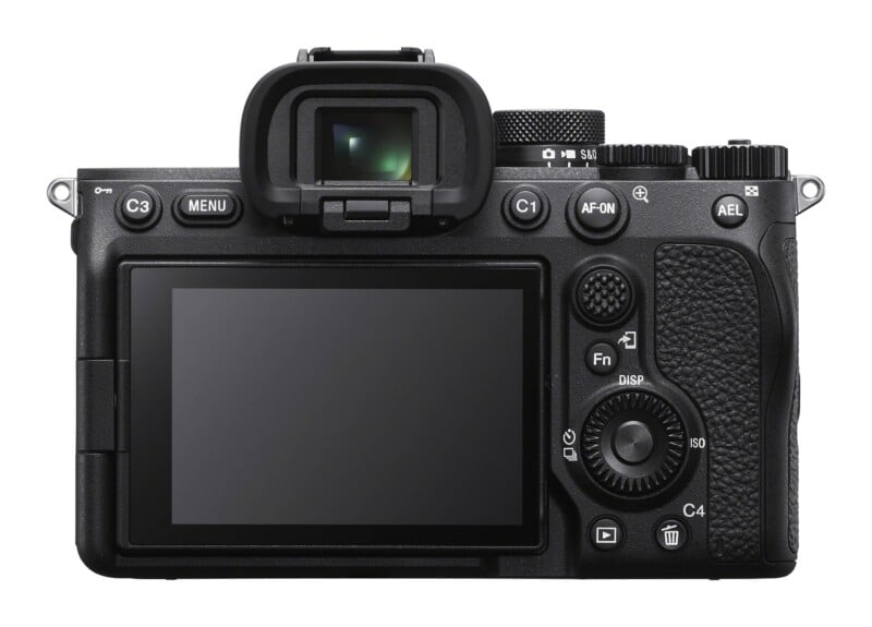 The back view of a digital camera showing a large LCD screen, an electronic viewfinder, and various control buttons and dials labeled with text such as MENU, AF-ON, AEL, and ISO.