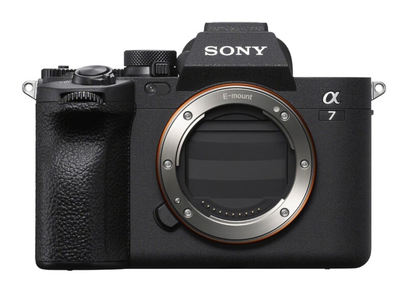 Front view of a black Sony Alpha 7 mirrorless camera body with an E-mount lens opening and no lens attached.