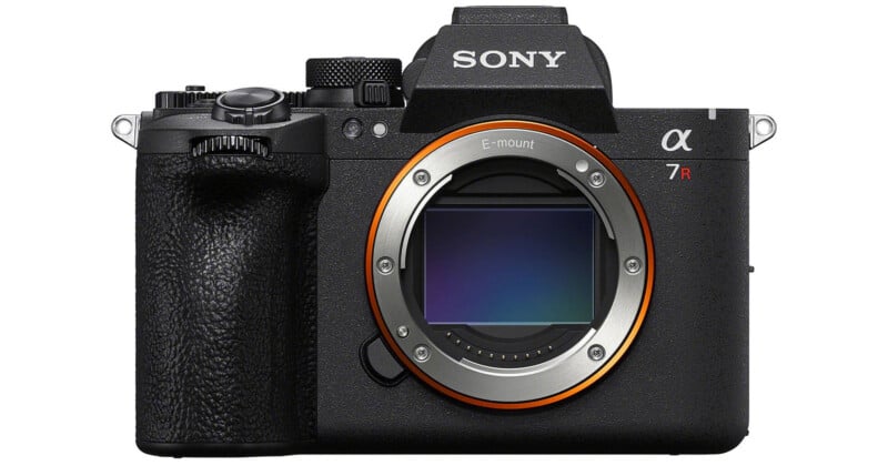 A front-facing Sony Alpha 7R mirrorless camera body with an E-mount lens opening and a visible sensor.