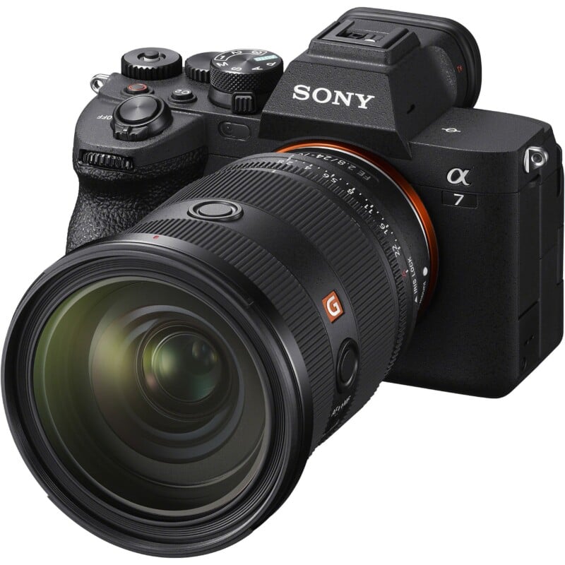 A black Sony Alpha 7 mirrorless camera with a G Master 24-70mm f/2.8 lens attached, viewed from a front-right angle.