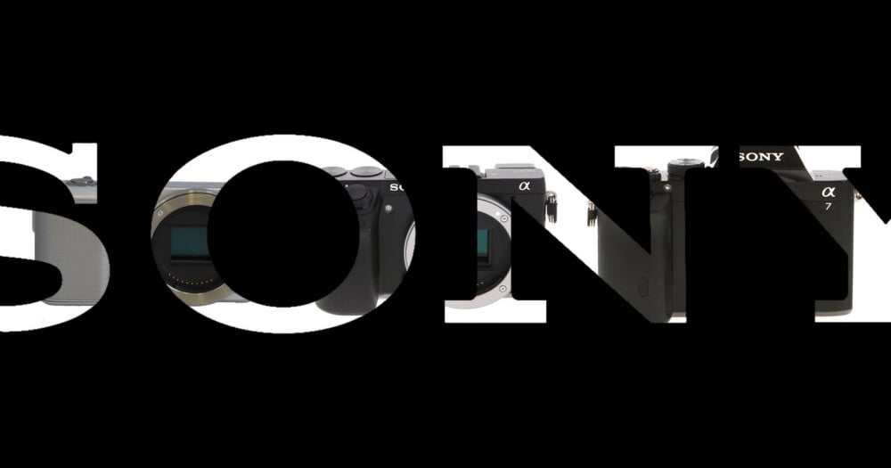 The word SONY is written in large white letters, with various Sony camera bodies visible through the negative space of the letters against a black background.