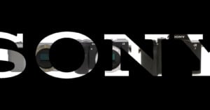 The word SONY is written in large white letters, with various Sony camera bodies visible through the negative space of the letters against a black background.