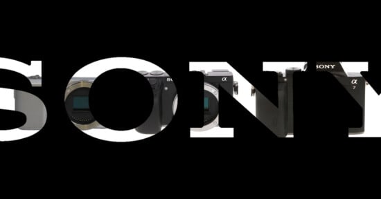 The word SONY is written in large white letters, with various Sony camera bodies visible through the negative space of the letters against a black background.