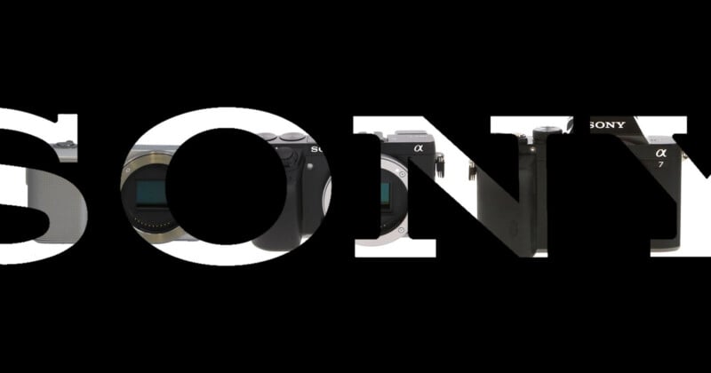 The word SONY is written in large white letters, with various Sony camera bodies visible through the negative space of the letters against a black background.