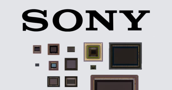 The word SONY in large black letters above a collection of various sized camera image sensors arranged on a light background.