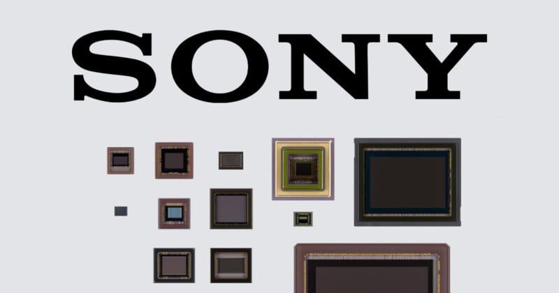 The word SONY in large black letters above a collection of various sized camera image sensors arranged on a light background.
