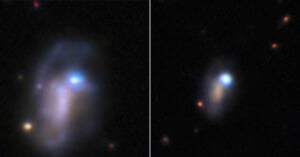 Two side-by-side images show distant, irregularly shaped galaxies with bright, glowing blue cores against a dark space background.