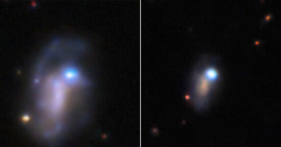 Two side-by-side images show distant, irregularly shaped galaxies with bright, glowing blue cores against a dark space background.