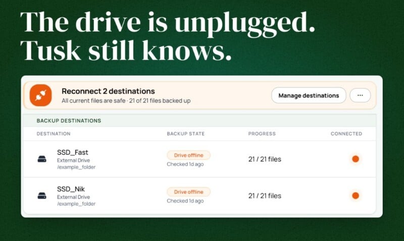 A software interface displays a "Reconnect 2 destinations" alert, showing two external drives, "SSD_Fast" and "SSD_Nik," as offline.