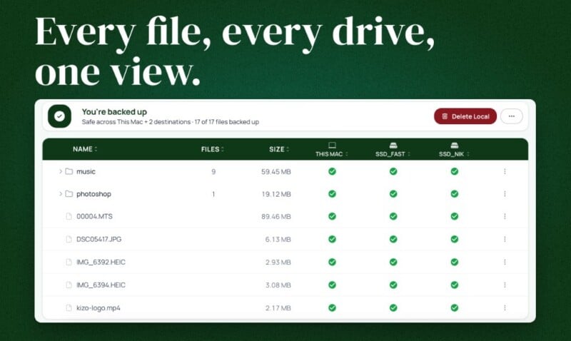 A software interface displays a file backup status table showing that 17 files are backed up across a Mac and two external drives.