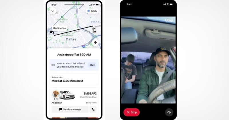 A split-screen view shows an Uber ride tracking interface on the left and a live video feed of a driver and passenger on the right.